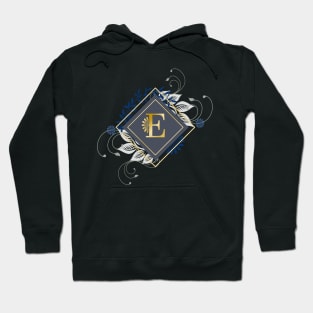 E, blue and gold initial monogram. Hoodie